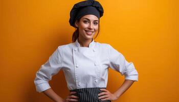 Chef posing confidently in white uniform studio setting professional portrait bright background photo