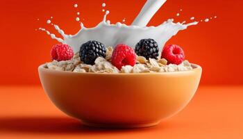 Delicious breakfast bowl of oats and berries kitchen setting food photography vibrant colors photo