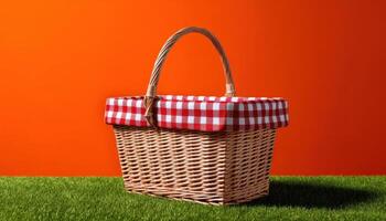 Picnic basket display outdoor setting still life grass background colorful concept photo