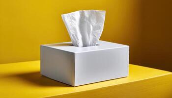 Tissue box display yellow background product photography minimalist setting close-up angle clean design photo