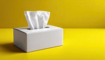 Tissue box on yellow background product display minimalist style indoor setting close-up view clean design photo