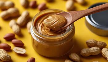 Delicious peanut butter spread kitchen food photography warm setting close-up view tasteful treats photo