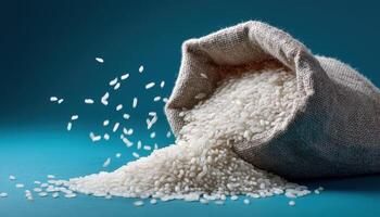 Pouring fresh rice from a burlap sack kitchen food photography bright environment close-up view photo