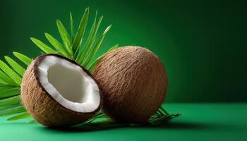 Coconuts and palm leaves tropical setting food photography green background close-up natural beauty photo