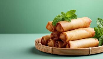 Delicious spring rolls on a bamboo tray food photography indoor setting gourmet style photo
