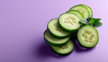 Fresh cucumber slices kitchen table food presentation purple background top view healthy snack ideas photo