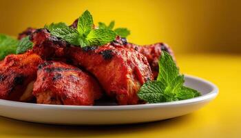 Grilled chicken with mint garnish gourmet kitchen food photography bright yellow background close-up culinary delight photo