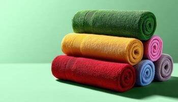 Colorful rolled towels stacked on green background product photography textured display interior view photo