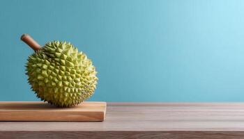 Exotic durian fruit on wooden table minimalist kitchen setting close-up view vibrant color contrast photo