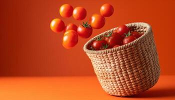 Action-packed ripe cherry tomatoes spilling from woven basket vibrant orange background food photography photo