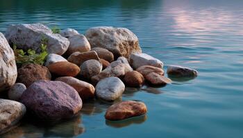 Rocky riverbank scene with smooth stones nature landscape tranquil water serene environment photo