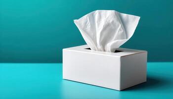 Bright turquoise background neat white tissue box still life minimalist close-up view clean aesthetic photo