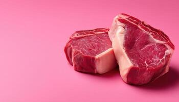 Raw ribeye steaks displayed on a pink background gourmet food photography vibrant color contrast photo