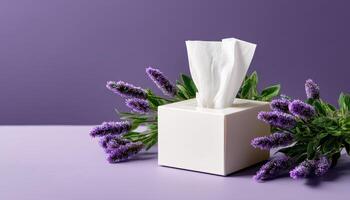 Elegant white tissue box with lavender accents home decor soft aesthetic minimalist style photo
