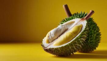 Closeup of a partially opened durian fruit bright yellow background food photography natural environment photo