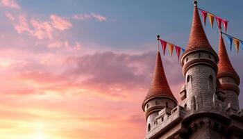 Magical castle with towering spires and colorful banners fantasy realm digital art enchanted sunset view photo