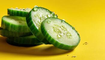 Refreshing closeup of glistening cucumber slices with water droplets on yellow background photo