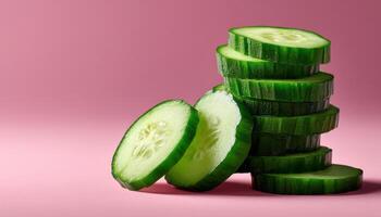 Artful stacking of crisp cucumber slices on soft pink background food photography artistic presentation photo