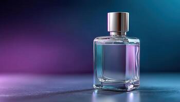 Elegant fragrance bottle display colorful studio setting product photography modern viewpoint aesthetic appeal photo