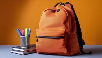 Organized school bag with colorful markers against bright background studio setting educational concept photo