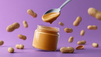 Playful peanut butter jar with spoon vibrant purple background food photography fun environment creative perspective photo
