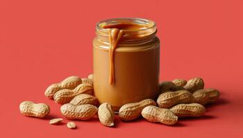 Delicious drizzle of peanut butter over nuts high angle view food photography creative environment photo