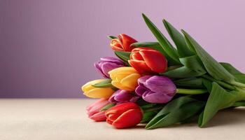 Vibrant tulip bouquet arrangement floral design studio photography indoor setting close-up view luxurious aesthetic photo