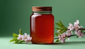 Delicious honey jar overflowing with cherries nature setting food photography inviting atmosphere photo