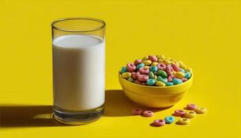 Colorful breakfast scene with milk and cereal bright yellow background minimalist style close-up view fun concept photo