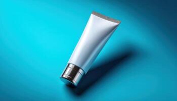 glossy cream tube against bright blue background product photography studio environment modern aesthetic photo