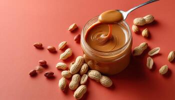 Delicious peanut butter jar drizzling kitchen food photography warm colors high angle view photo