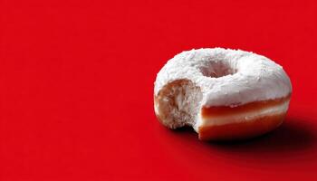 Delicious fluffy white donut on red background food photography minimalist style bright composition photo