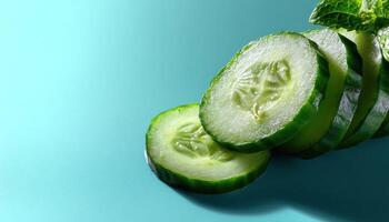 Refreshing cucumber slice arrangement turquoise background food photography clean environment close-up view healthy concept photo