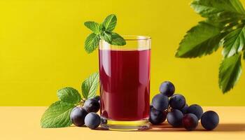 Refreshing grape juice drink with mint garnish bright yellow background beverage photography vibrant setting photo
