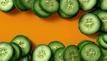 Artfully scattered cucumber slices bright orange background food photography vibrant top view healthy lifestyle photo