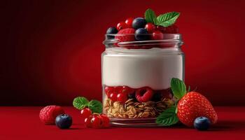 Layered parfait in elegant glass jar food photography red background captivating dessert display photo