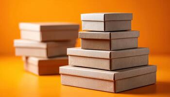 Stacked blank cardboard boxes in organized display studio environment close-up perspective for packaging ideas photo