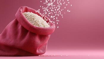 Rice cascading from fabric bag pink background food photography minimalist style artistic view culinary concept photo
