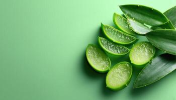 Aloe vera slices displayed on green background natural beauty vibrant composition close-up view photo
