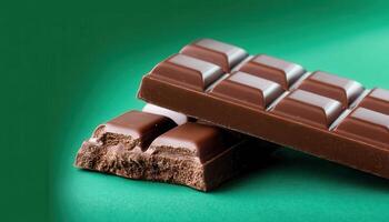 Delicious chocolate bar on vibrant green background close-up food photography studio setting photo