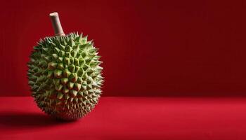 Vibrant durian fruit display studio setting food photography bold red background close-up view exotic produce photo