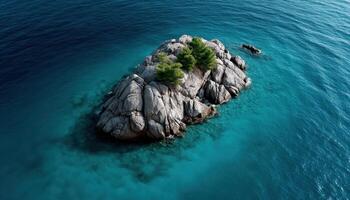Aerial view of isolated rocky island surrounded by clear turquoise water nature landscape serene environment photo