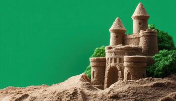 Creative sand castle art display on beach low-resolution photography vibrant green background photo