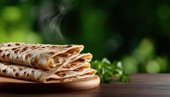 Delicious roti mataba served hot casual dining setting food photography natural environment close-up view photo