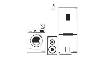 Modern home appliances doodle linear animation. Refrigerator, washing machine, speaker, Wi-Fi, alarm clock, light bulb animated 2D outline objects sketch isolated on white. 4K motion graphic video