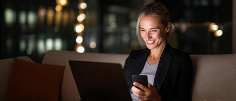 Energetic businesswoman engaged in work modern office digital interaction evening setting inspirational concept photo