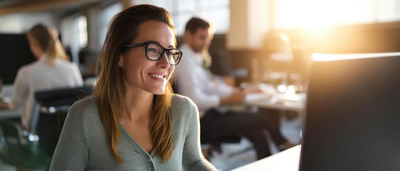 Confident businesswoman smiling at computer in modern office optimistic vibe professional environment photo