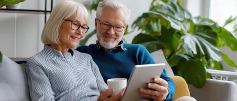 Elderly couple sharing moments on couch cozy living room digital connection intimate setting warm atmosphere photo