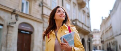 Fashionable tourist admiring historical architecture in urban setting inspiring travel photography photo