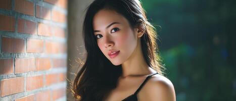 Captivating portrait of an asian woman with natural beauty urban setting lifestyle photography soft lighting photo